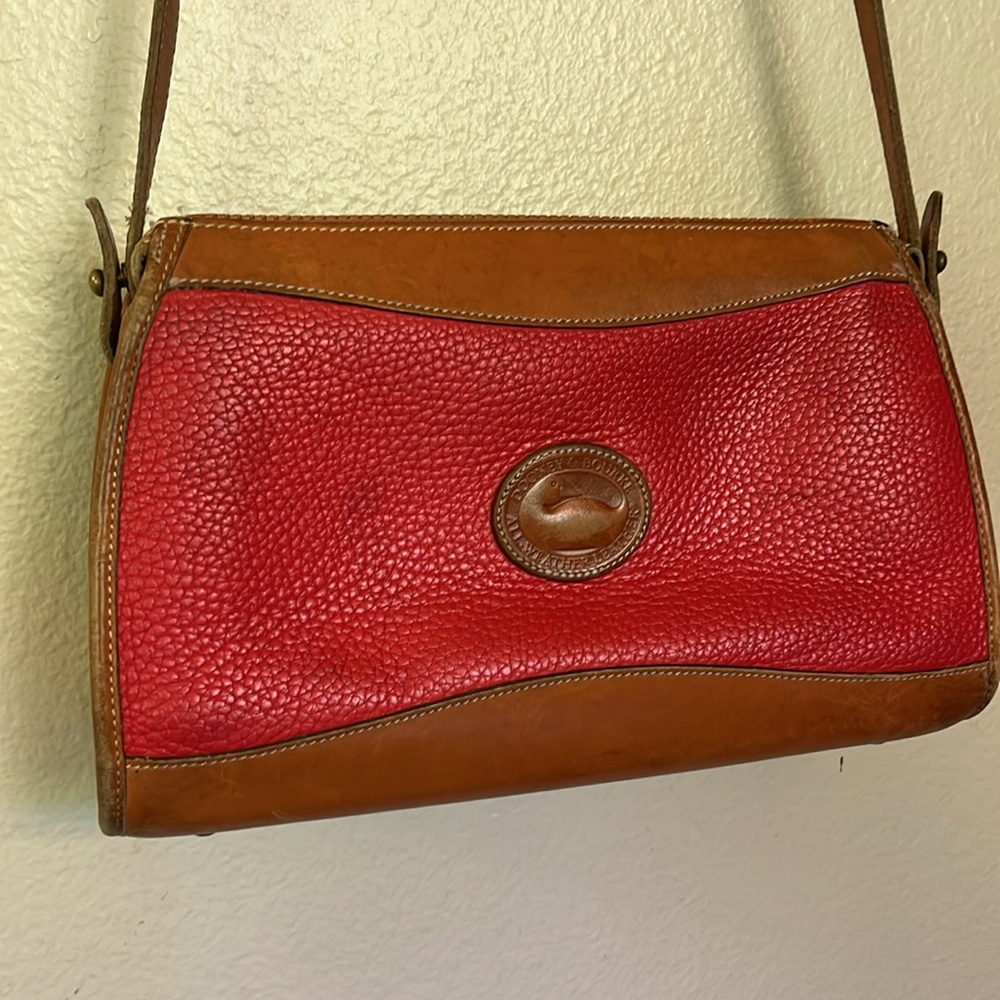 Vintage Dooney & Bourke Red and Tan Leather Crossbody Bag Purse